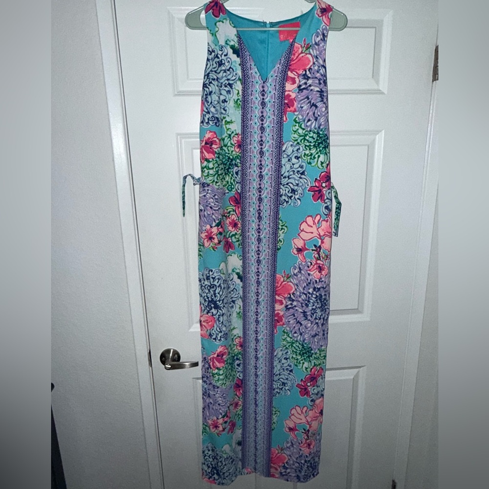 Lilly Pulitzer Special Delivery Pink Blue Floral Donna Maxi Romper Dress size 2